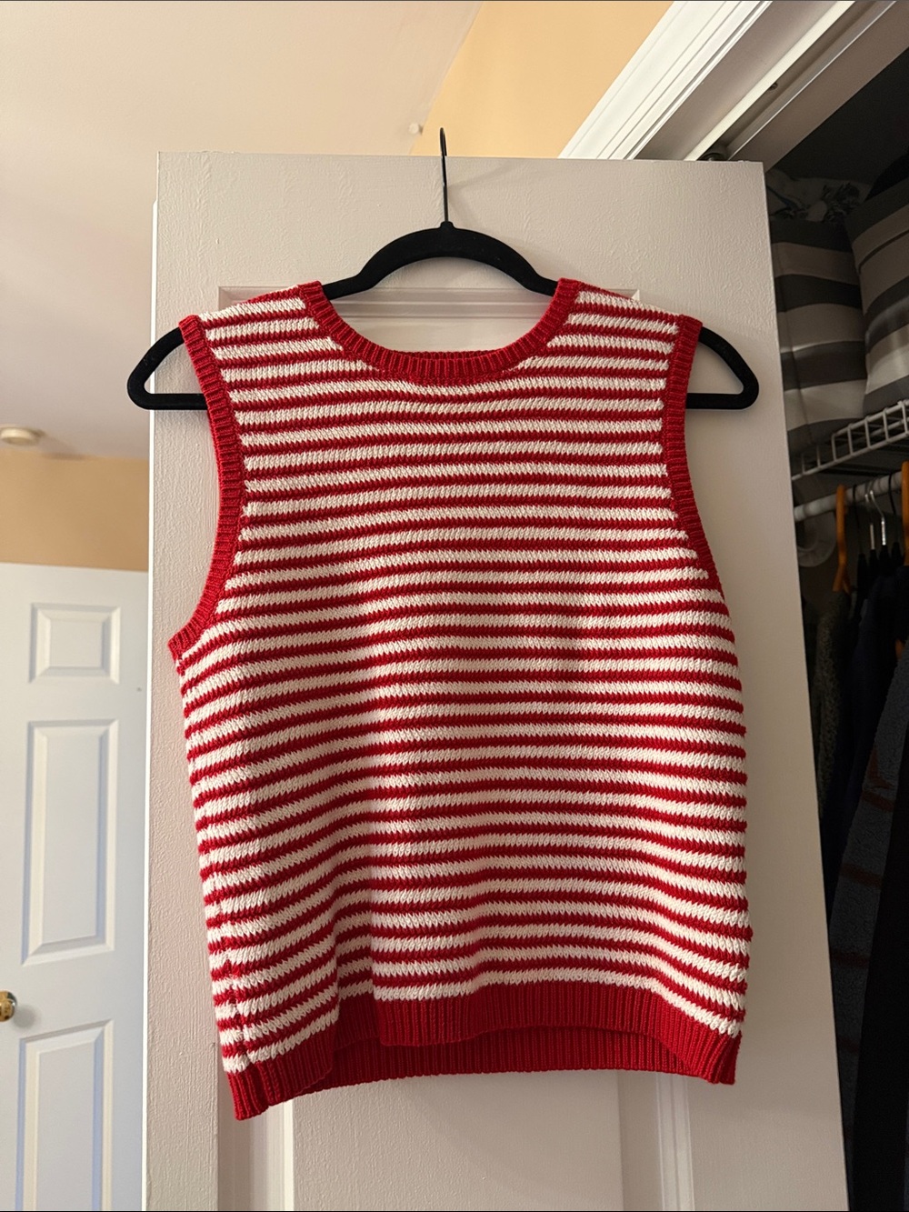 Abercrombie & Fitch Red and White Striped Knit V-Neck Sweater Vest